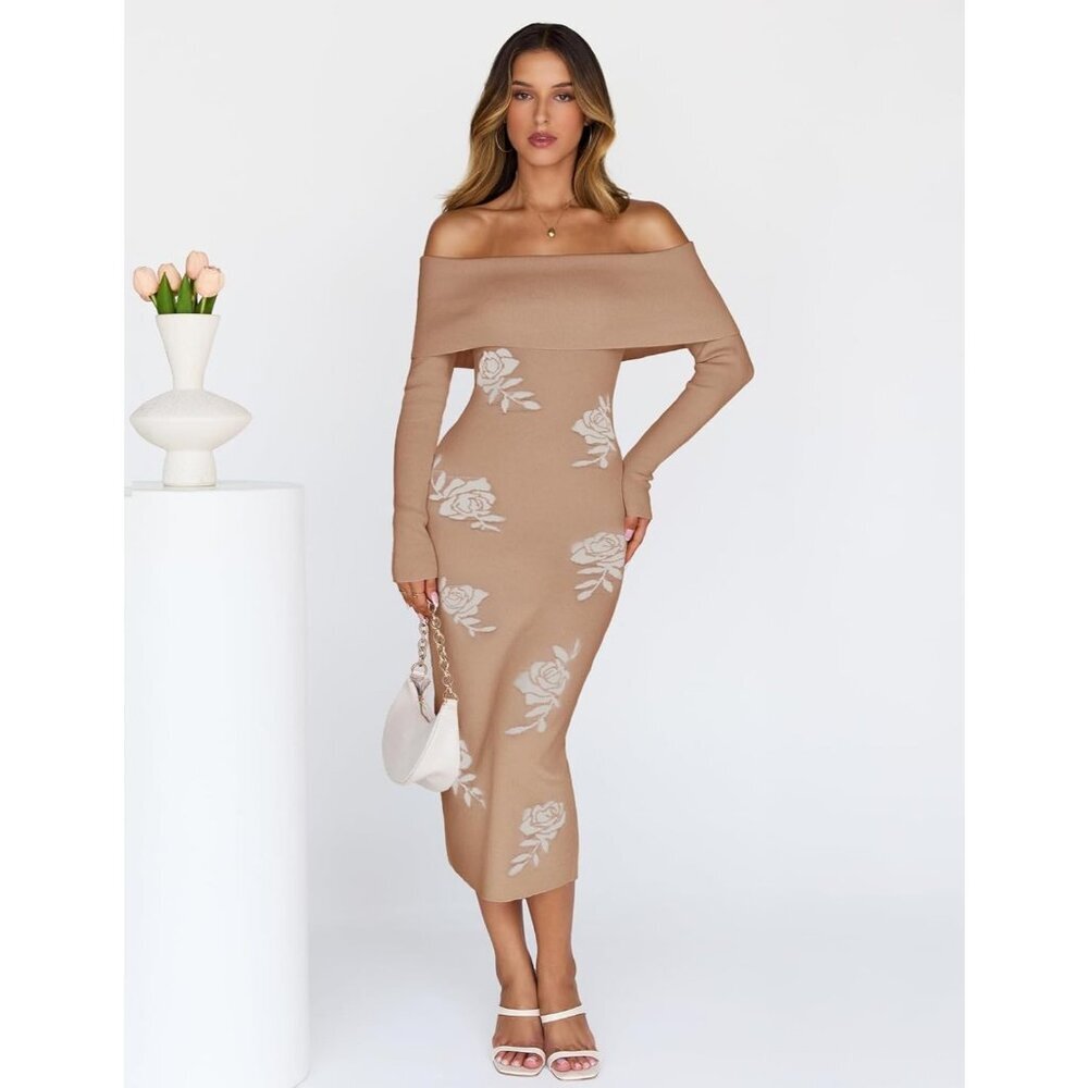 Women Off Shoulder Bodycon Sweater Dress Long Sleeve Party Midi Dress Khaki - Picture 2 of 9